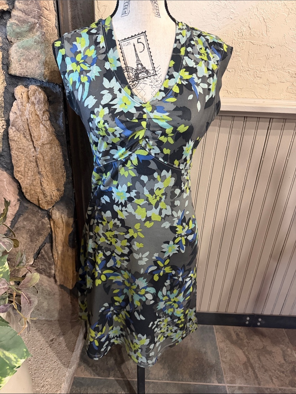 REI Floral V-Neck Midi Dress in Charcoal, Blue & Lime